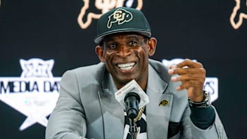 Jul 9, 2025; Frisco, TX, USA; Colorado head coach Deion Sanders speaks with the media during 2025 Big 12 Football Media Days at The Star. Mandatory Credit: Raymond Carlin III-Imagn Images