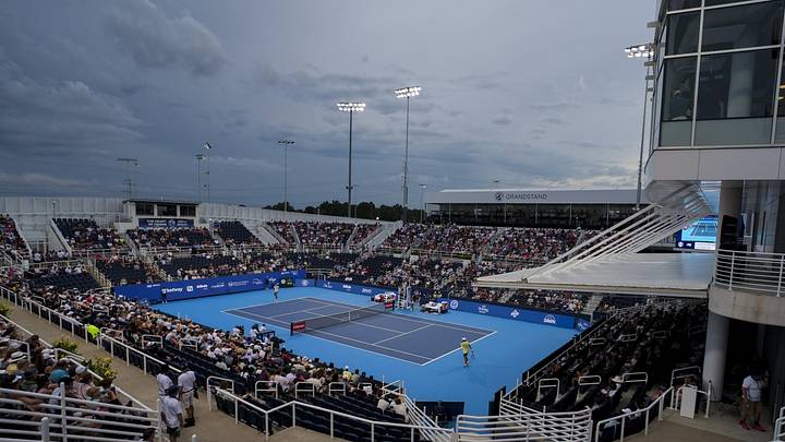 Aug 12, 2025; Cincinnati, OH, USA; A general view of the Grandstand court during the Cincinnati Open at the Lindner Family Tennis Center. Mandatory Credit: Aaron Doster-Imagn Images