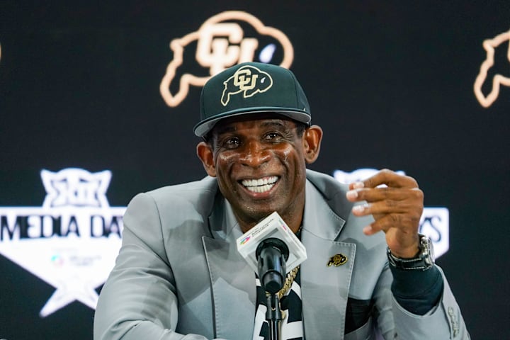 Colorado head coach Deion Sanders speaks with the media during 2025 Big 12 Football Media Days at The Star. 