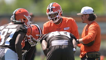 May 10, 2025; Berea, OH, USA; Cleveland Browns quarterback Shedeur Sanders (12) calls a play  during rookie minicamp at CrossCountry Mortgage Campus. Mandatory Credit: Ken Blaze-Imagn Images