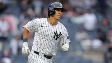 Aug 7, 2024; Bronx, New York, USA; New York Yankees second baseman Oswaldo Cabrera (95) rounds the bases after hitting a solo home run against the Los Angeles Angels during the second inning at Yankee Stadium. Mandatory Credit: Brad Penner-USA TODAY Sports