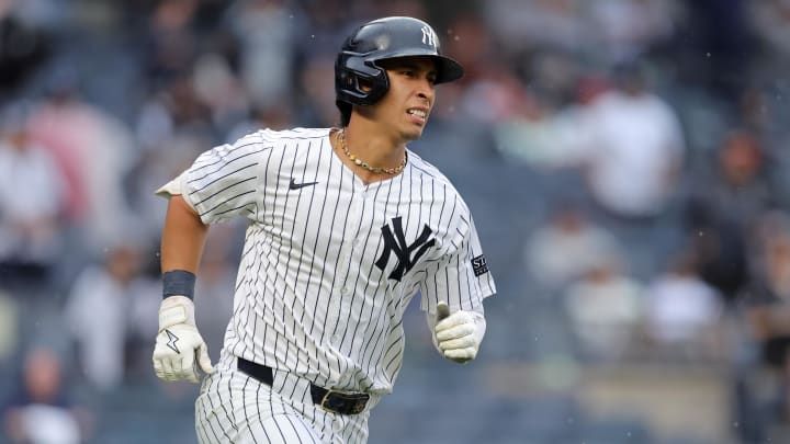 New York Yankees second baseman Oswaldo Cabrera (95) rounds the bases after hitting a solo home run against the Los Angeles Angels during the second inning at Yankee Stadium on Aug 7.