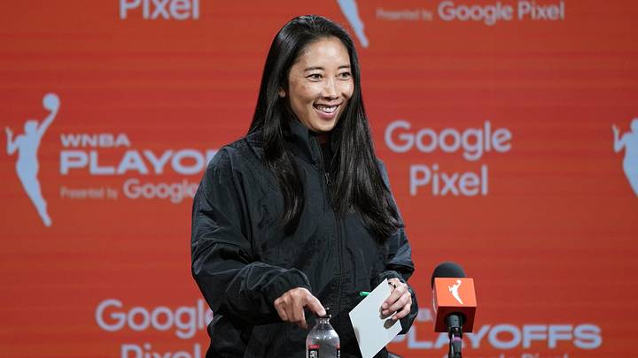 Oct 2, 2026; San Francisco, California, USA; Golden State Valkyries head coach Natalie Nakase attends a press conference before game three of the first round for the 2026 WNBA Playoffs at Chase Center. Mandatory Credit: Darren Yamashita-Imagn Images