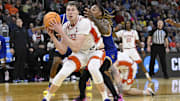 Mar 20, 2025; Providence, RI, USA; Clemson Tigers center Viktor Lakhin (0) loses control of the ball against McNeese State Cowboys forward Christian Shumate (24) during the first half at Amica Mutual Pavilion.