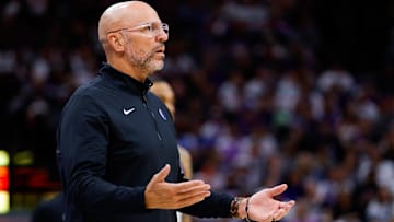 Apr 16, 2025; Sacramento, California, USA; Dallas Mavericks head coach Jason Kidd reacts to a call during the fourth quarter against the Sacramento Kings at Golden 1 Center. Mandatory Credit: Sergio Estrada-Imagn Images