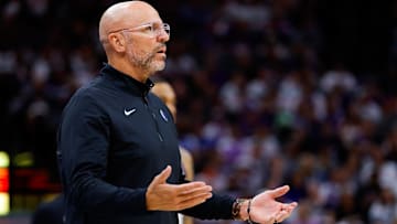Apr 16, 2025; Sacramento, California, USA; Dallas Mavericks head coach Jason Kidd reacts to a call during the fourth quarter against the Sacramento Kings at Golden 1 Center. Mandatory Credit: Sergio Estrada-Imagn Images
