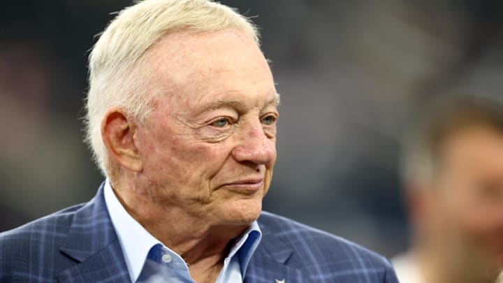 Aug 16, 2025; Arlington, Texas, USA;  Dallas Cowboys owner Jerry Jones before the game against the Baltimore Ravens at AT&T Stadium.