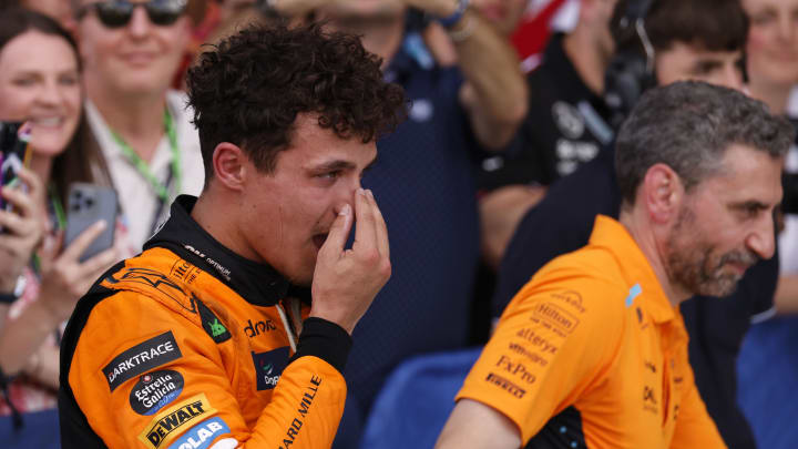 May 5, 2024; Miami Gardens, Florida, USA; McLaren driver Lando Norris (4) reacts after winning the Miami Grand Prix at Miami International Autodrome. Mandatory Credit: Peter Casey-USA TODAY Sports