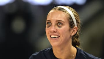 Aug 31, 2025; San Francisco, California, USA; Indiana Fever guard Lexie Hull (10) warms up with two black eyes before the game against the Golden State Valkyries at Chase Center. Mandatory Credit: Darren Yamashita-Imagn Images