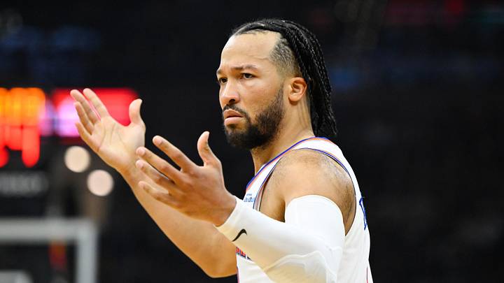 May 23, 2026; Cleveland, Ohio, USA; New York Knicks guard Jalen Brunson (11) reacts in the third quarter against the Cleveland Cavaliers during game three of the eastern conference finals for the 2026 NBA playoffs at Rocket Arena. Mandatory Credit: David Richard-Imagn Images