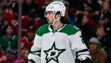 Apr 6, 2024; Chicago, Illinois, USA; Dallas Stars center Mavrik Bourque (22) during a break in the action against the Chicago Blackhawks during the second period at United Center. Mandatory Credit: Seeger Gray-USA TODAY Sports