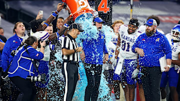  Kansas Jayhawks head coach Lance Leipold has Gatorade dumped on him