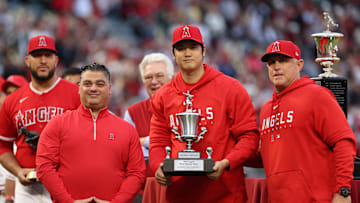 Sep 30, 2023; Anaheim, California, USA; Los Angeles Angels two-way player Shohei Ohtani (center)