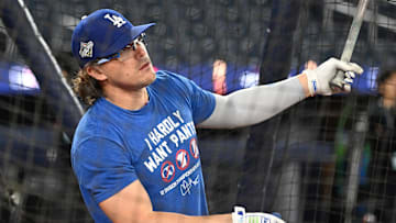 Oct 23, 2025; Toronto, ON, Canada;  Los Angeles Dodgers first baseman Kike Hernandez (8) takes batting practice during World Series team workouts at Rogers Centre. Mandatory Credit: Dan Hamilton-Imagn Images