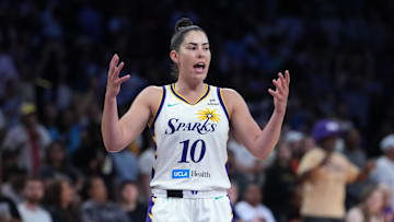 Aug 31, 2025; Los Angeles, California, USA; LA Sparks guard Kelsey Plum (10) reacts against the Washington Mystics in the second half at Crypto.com Arena. Mandatory Credit: Kirby Lee-Imagn Images