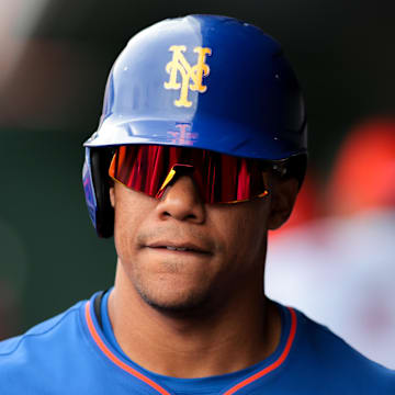 Feb 24, 2025; Jupiter, Florida, USA; New York Mets right fielder Juan Soto (22) looks on against the St. Louis Cardinals during the first inning at Roger Dean Chevrolet Stadium. Mandatory Credit: Sam Navarro-Imagn Images