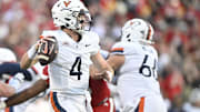 Oct 4, 2025; Louisville, Kentucky, USA; Virginia Cavaliers quarterback Chandler Morris (4) looks to pass against the Louisville Cardinals during the second half at L&N Federal Credit Union Stadium. Virginia defeated Louisville 30-27. Mandatory Credit: Jamie Rhodes-Imagn Images