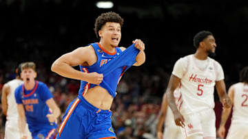 Apr 7, 2025; San Antonio, TX, USA; Florida Gators guard Walter Clayton Jr. (1) celebrates after winning the national championship game of the Final Four of the 2025 NCAA Tournament at the Alamodome. Mandatory Credit: Bob Donnan-Imagn Images