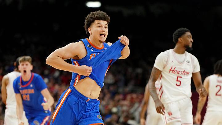 Apr 7, 2025; San Antonio, TX, USA; Florida Gators guard Walter Clayton Jr. (1) celebrates after winning the national championship game of the Final Four of the 2025 NCAA Tournament at the Alamodome. Mandatory Credit: Bob Donnan-Imagn Images