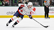 Jan 27, 2024; Dallas, Texas, USA; Washington Capitals center Evgeny Kuznetsov (92) in action during the game between the Dallas Stars and the Washington Capitals at the American Airlines Center. Mandatory Credit: Jerome Miron-Imagn Images