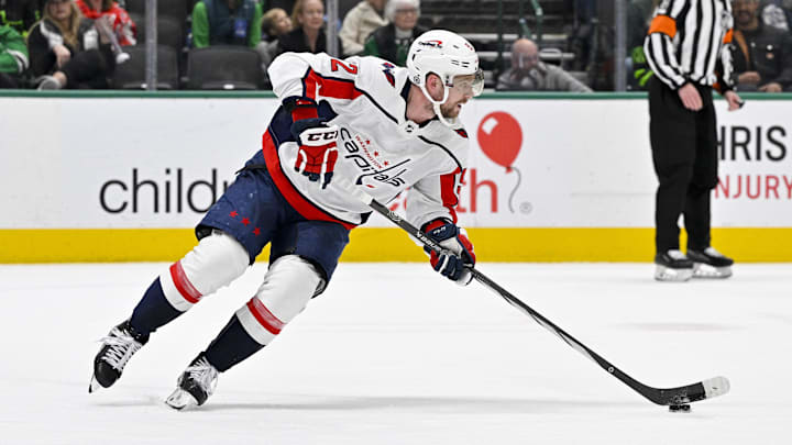 Jan 27, 2024; Dallas, Texas, USA; Washington Capitals center Evgeny Kuznetsov (92) in action during the game between the Dallas Stars and the Washington Capitals at the American Airlines Center. Mandatory Credit: Jerome Miron-Imagn Images