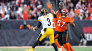 Cincinnati Bengals linebacker Germaine Pratt (57) pressures Pittsburgh Steelers quarterback Russell Wilson (3) as he throws in the fourth quarter of the NFL Week 13 game between the Cincinnati Bengals and the Pittsburgh Steelers at Paycor Stadium in downtown Cincinnati on Sunday, Dec. 1, 2024. The Steelers won 44-38.