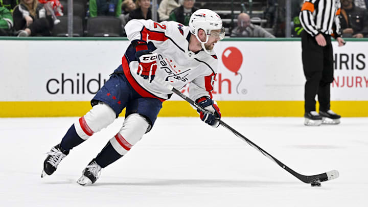 Jan 27, 2024; Dallas, Texas, USA; Washington Capitals center Evgeny Kuznetsov (92) in action during the game between the Dallas Stars and the Washington Capitals at the American Airlines Center. Mandatory Credit: Jerome Miron-Imagn Images