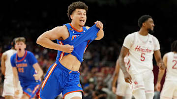 Apr 7, 2025; San Antonio, TX, USA; Florida Gators guard Walter Clayton Jr. (1) celebrates after winning the national championship game of the Final Four of the 2025 NCAA Tournament at the Alamodome. Mandatory Credit: Bob Donnan-Imagn Images