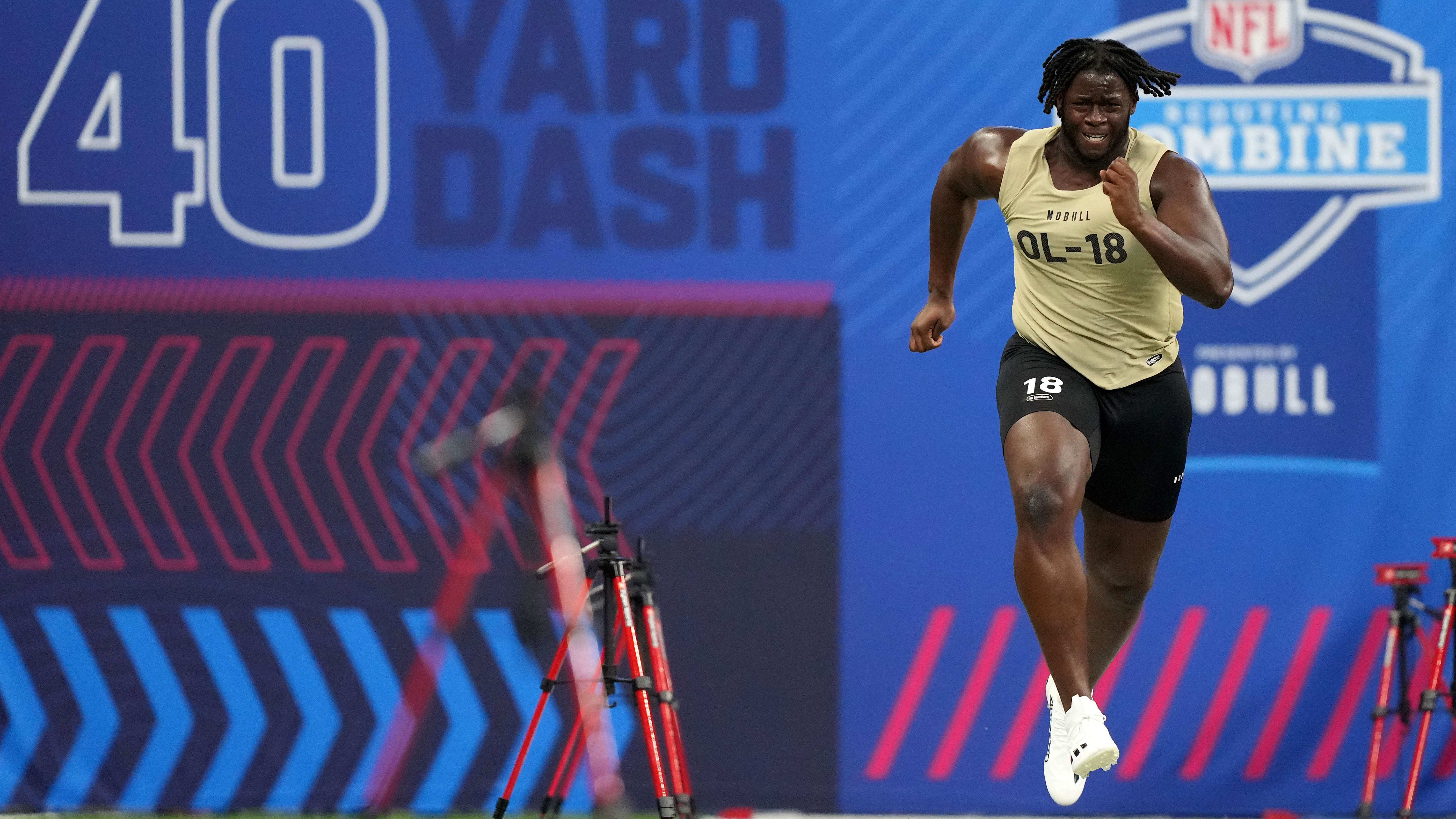 Penn State offensive lineman Olu Fashanu (OL18) during the 2024 NFL Combine