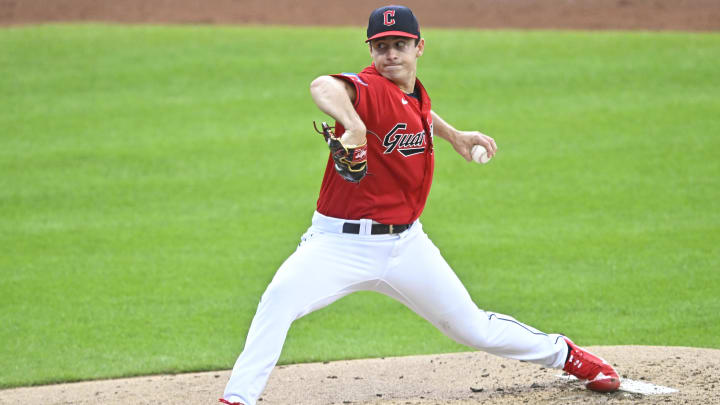 Sep 2, 2023; Cleveland, Ohio, USA; Cleveland Guardians starting pitcher Logan Allen (41) delivers against the Tampa Bay Rays in the second inning at Progressive Field. Mandatory Credit: David Richard-USA TODAY Sports