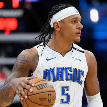 Mar 21, 2025; Washington, District of Columbia, USA; Orlando Magic forward Paolo Banchero (5) reacts before the game against the Washington Wizards at Capital One Arena. Mandatory Credit: Reggie Hildred-Imagn Images