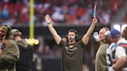 Nov 16, 2025; Atlanta, Georgia, USA; Carolina Panthers head coach Dave Canales reacts in the fourth quarter against the Atlanta Falcons at Mercedes-Benz Stadium. Mandatory Credit: Brett Davis-Imagn Images