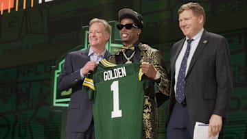Matthew Golden with NFL Commissioner Roger Goodell after being drafted by the Green Bay Packers during the 2025 NFL Draft