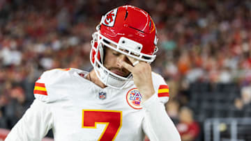 Aug 9, 2025; Glendale, Arizona, USA; Kansas City Chiefs kicker Harrison Butker (7) reacts against the Arizona Cardinals during a preseason NFL game at State Farm Stadium. Mandatory Credit: Mark J. Rebilas-Imagn Images