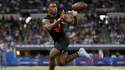 Mar 1, 2025; Indianapolis, IN, USA; Southern California running back Woody Marks (RB21) during the 2025 NFL Combine at Lucas Oil Stadium. Mandatory Credit: Kirby Lee-Imagn Images