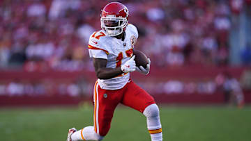 Oct 20, 2024; Santa Clara, California, USA; /Kansas City Chiefs wide receiver Mecole Hardman (17) runs for a touchdown against the San Francisco 49ers in the fourth quarter at Levi's Stadium. Mandatory Credit: Cary Edmondson-Imagn Images