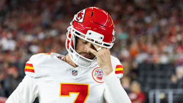 Aug 9, 2025; Glendale, Arizona, USA; Kansas City Chiefs kicker Harrison Butker (7) reacts against the Arizona Cardinals during a preseason NFL game at State Farm Stadium. Mandatory Credit: Mark J. Rebilas-Imagn Images