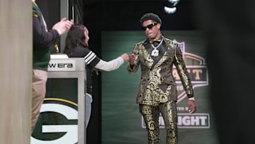 Wide receiver Matthew Golden of Texas heads to the stage after being selected as the 23rd overall pick by the Green Bay Packers during the first round of the 2025 NFL Draft at Lambeau Field on April 24, 2025, in Green Bay.