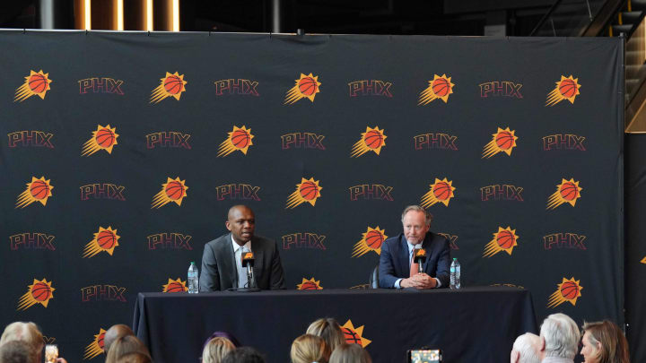 May 17, 2024; Phoenix, AZ, USA; Mike Budenholzer speaks alongside General Manager James Jones during a press conference to announce his job as head coach of the Phoenix Suns. Mandatory Credit: Joe Camporeale-USA TODAY Sports May 17, 2024; Phoenix, AZ, USA; Mike Budenholzer speaks alongside General Manager James Jones during a press conference to announce his job as head coach of the Phoenix Suns. Mandatory Credit: Joe Camporeale-USA TODAY Sports