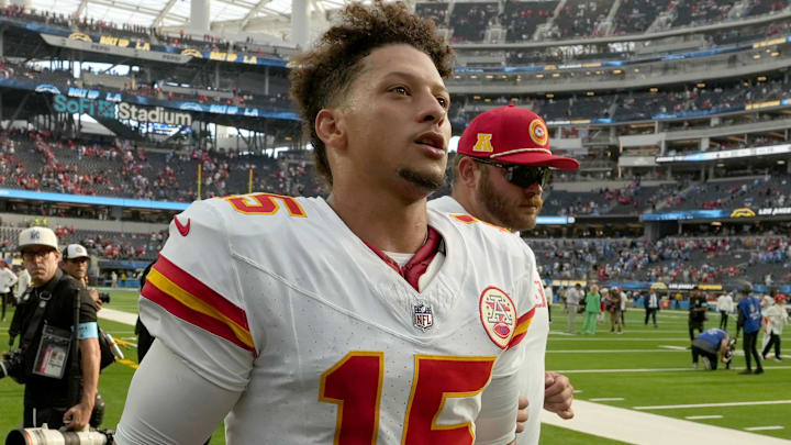 Sep 29, 2024; Inglewood, California, USA; Kansas City Chiefs quarterback Patrick Mahomes (15) leaves the field after the game against the Los Angeles Chargers at SoFi Stadium. Mandatory Credit: Kirby Lee-Imagn Images Sep 29, 2024; Inglewood, California, USA; Kansas City Chiefs quarterback Patrick Mahomes (15) leaves the field after the game against the Los Angeles Chargers at SoFi Stadium. Mandatory Credit: Kirby Lee-Imagn Images