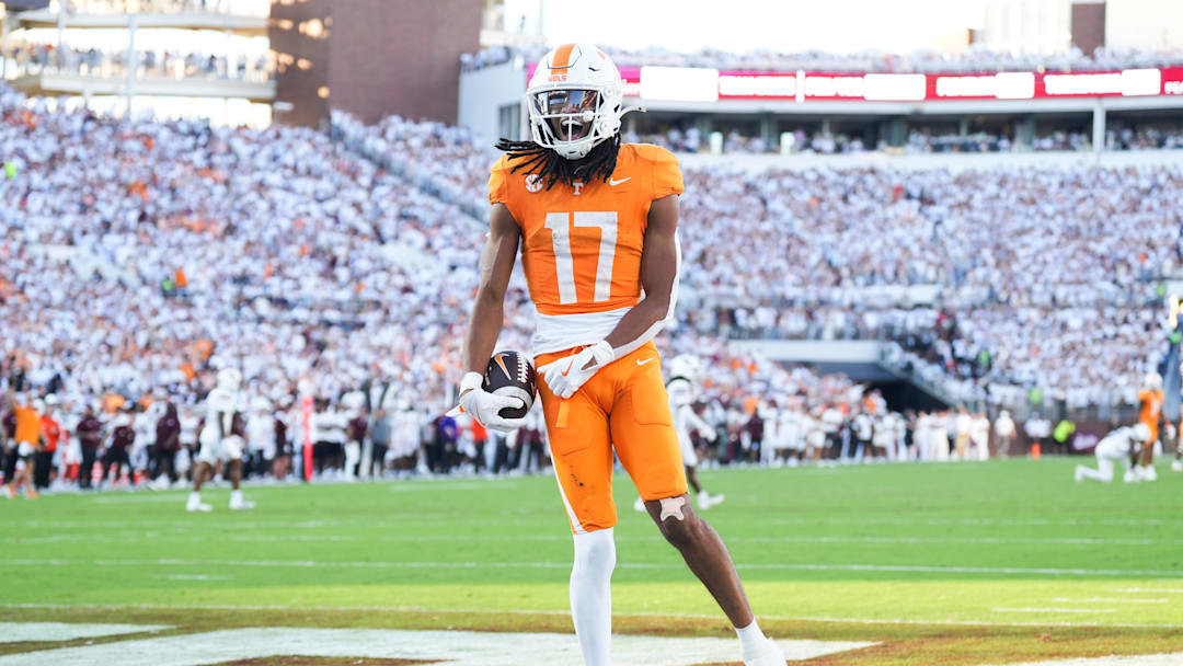 Tennessee wide receiver Chris Brazzell II (17) celebrates after scoring a touchdown that was later called back for offensive pass interference during a college football game between Tennessee and Mississippi State at Davis Wade Stadium in Starkville, Miss., on Sept. 27, 2025.