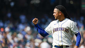 Aug 27, 2023; Seattle, Washington, USA; Seattle Mariners starting pitcher Luis Castillo (58) reacts after getting the final out of the fifth inning against the Kansas City Royals at T-Mobile Park. Mandatory Credit: Joe Nicholson-USA TODAY Sports