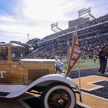 Oct 25, 2025; Atlanta, Georgia, USA; Georgia Tech Yellow Jackets car the Ramblin' Wreck on the field after a victory over the Syracuse Orange at Bobby Dodd Stadium at Hyundai Field. Mandatory Credit: Brett Davis-Imagn Images
