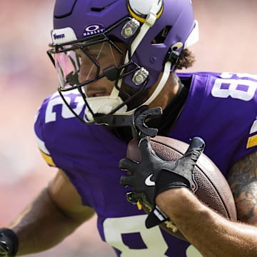 Aug 17, 2024; Cleveland, Ohio, USA; Minnesota Vikings wide receiver Jeshaun Jones (82) runs the ball during warm ups before the game against the Cleveland Browns at Cleveland Browns Stadium. Mandatory Credit: Scott Galvin-Imagn Images