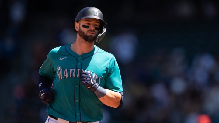 Seattle Mariners right fielder Mitch Haniger (17) rounds the bases after hitting a solo home run during the second inning against the Los Angeles Angels at T-Mobile Park in 2024.