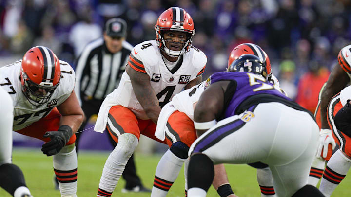 Nov 12, 2023; Baltimore, Maryland, USA;  Cleveland Browns quarterback Deshaun Watson (4) calls out play against the Ravens