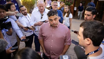 Nov 7, 2023; Scottsdale, AZ, USA; Los Angeles Angels general manager Perry Minasian speaks to the media during the MLB General Manager's Meetings at Omni Scottsdale Resort & Spa. Mandatory Credit: Mark J. Rebilas-Imagn Images
