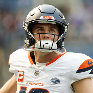 Sep 8, 2024; Seattle, Washington, USA; Denver Broncos quarterback Bo Nix (10) participates in pregame warmups against the Seattle Seahawks at Lumen Field.