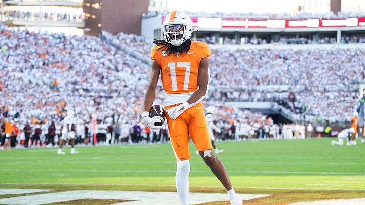 Tennessee wide receiver Chris Brazzell II (17) celebrates after scoring a touchdown that was later called back for offensive pass interference during a college football game between Tennessee and Mississippi State at Davis Wade Stadium in Starkville, Miss., on Sept. 27, 2025.