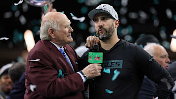 Feb 9, 2025; New Orleans, LA, USA; Fox NFL Sunday co-host Terry Bradshaw interviews Philadelphia Eagles head coach Nick Sirianni after winning against Kansas City Chiefs in Super Bowl LIX at Caesars Superdome.